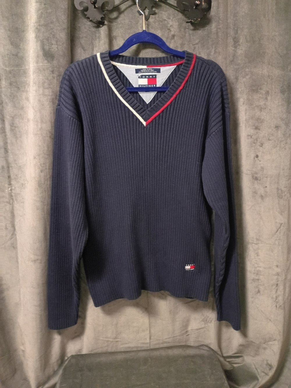 Vintage 90s Tommy Hilfiger Ribbed Cotton Chunky Knit Pullover Sweater Size XL